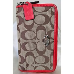 Coach DOUBLE Zip Medium Wallet Signature Canvas Brown with Red Leather Trim/Silv